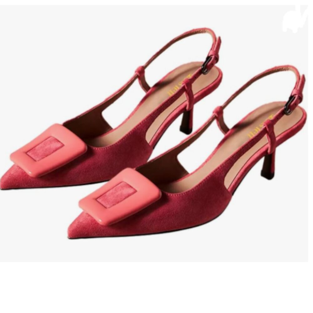 miss left Deep Pink Pointed Toe Kitten Heel Pumps Strap Buckle Slingback Sandals